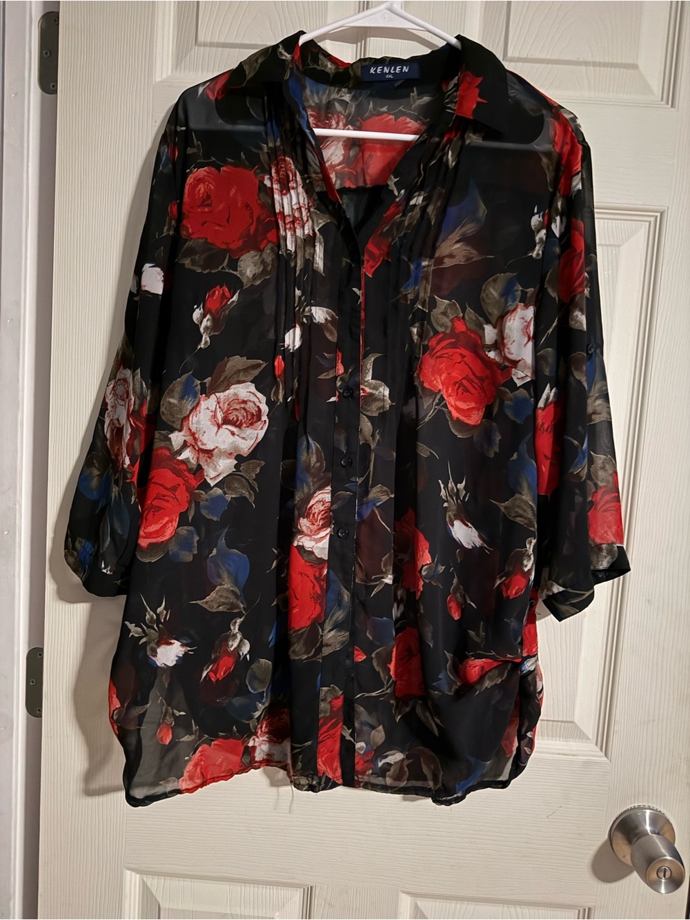 Black Floral Sheer Blouse with Red Rose Print